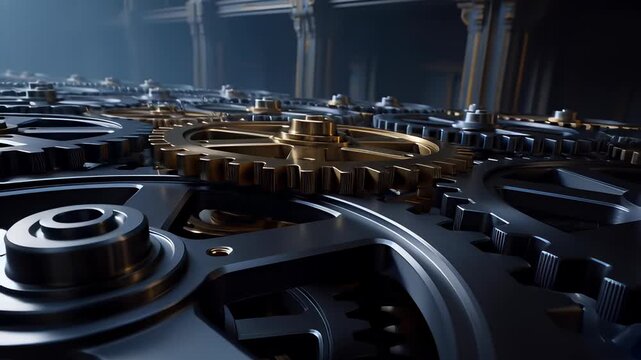 Close up of rotating gold and silver metal gears working together in a complex industrial mechanism, rendered as a cinematic 3D animation background for engineering concepts.