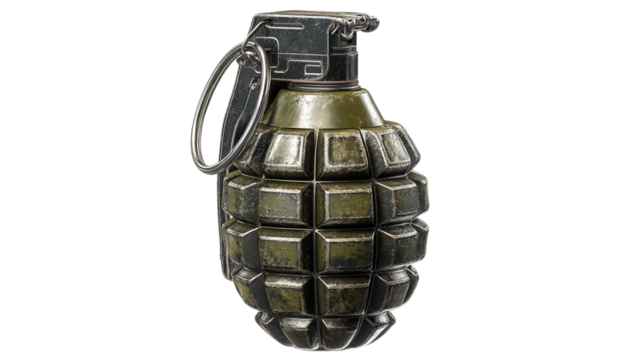 PNG of A detailed view of a military-grade hand grenade with a metallic finish and textured surface, emphasizing its rugged design.