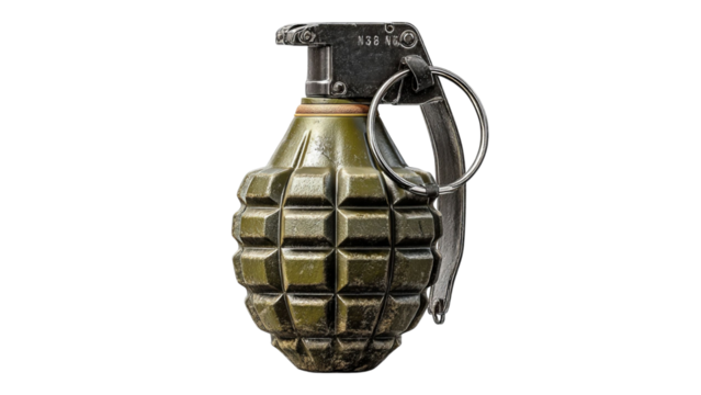 PNG of An authentic military grenade showcasing its detailed design and metallic finish.