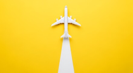 Dreaming of your next adventure? A sleek airplane takes flight against a vibrant yellow backdrop, perfect for travel inspiration and wanderlust campaigns.