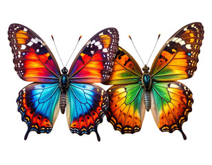 Fototapeta premium - Pair of colorful butterflies side-by-side, top-view wings spread, isolated on white PNG 