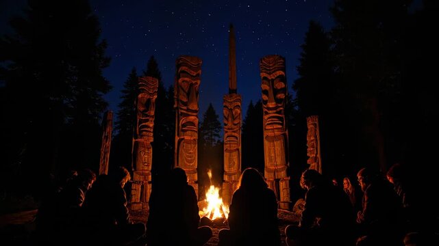 Nighttime gathering around a bonfire with totem poles illuminated by firelight.