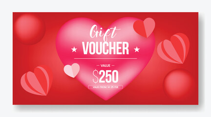 Valentine’s Day gift voucher discount coupon gift card reward giveaway template design with sparkling 3D heart shapes and vibrant vector illustration background horizontal sale banner