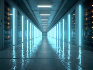 Futuristic Data Center Corridor With Blue Neon Lighting and Server Racks Creating a High-Tech Environment