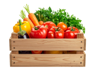  - Wooden crate filled with fresh mixed vegetables, front view, isolated PNG 
