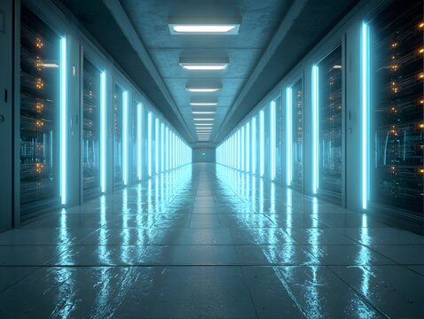 Futuristic Data Center Corridor With Blue Neon Lighting and Server Racks Creating a High-Tech Environment