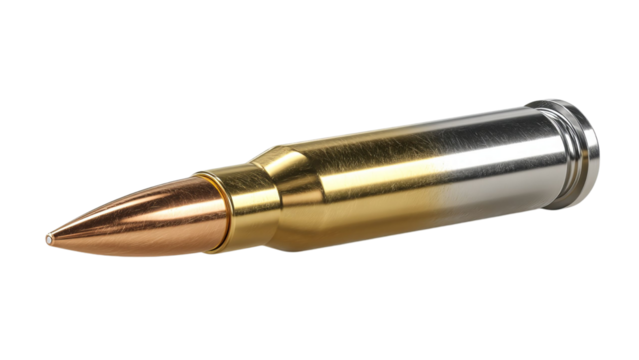 PNG of Close-up of a shiny, metallic ammunition round, showcasing the detailed craftsmanship and precision engineering.