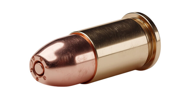 PNG of A close-up of a shiny copper-plated bullet showcasing intricate details and polished brass casing. - Powered by Adobe