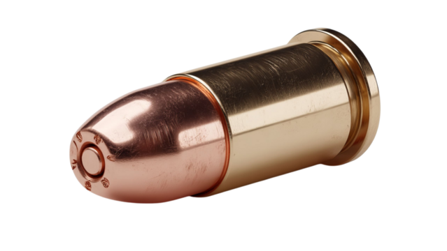 PNG of A close-up of a shiny copper-plated bullet showcasing intricate details and polished brass casing. - Powered by Adobe