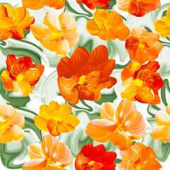Seamless pattern of abstract red and yellow flowers, original hand drawn, impressionism style, color texture, brush strokes of paint