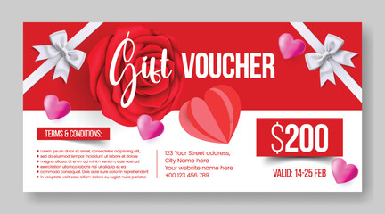 Modern Valentine’s Day gift voucher discount coupon gift card reward giveaway template design including realistic 3D heart graphics and eye-catching vector illustration background banner layout