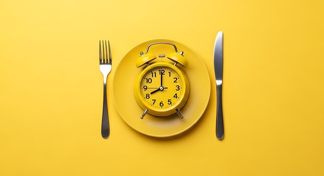 Time to eat and enjoy a meal with this bright yellow clock, plate, fork, and knife reminding us of the importance of healthy eating schedules