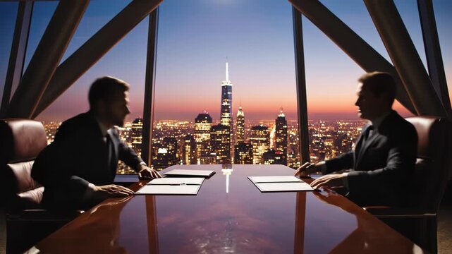 Two businessmen in silhouette signing contract at large desk in highrise office overlooking illuminated city skyline at sunset or dusk
