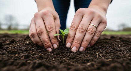 Hands planting a small green plant in soil, close-up view.