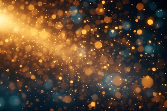 Abstract golden and blue bokeh lights background, magical floating dust particles, luxury festive glitter texture, Christmas and New Year celebration concept, 3D render.