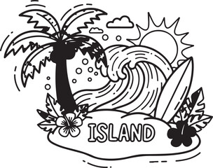Tropical Island Line Art with Palm Tree, Ocean Wave, Surfboard, Flowers, and Sun in Black and White Illustration
