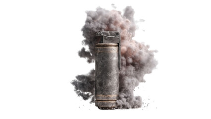 PNG of A vintage fire extinguisher surrounded by a dramatic cloud of gray smoke, evoking a sense of urgency and safety.