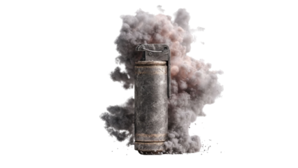 PNG of A vintage fire extinguisher surrounded by a dramatic cloud of gray smoke, evoking a sense of urgency and safety.