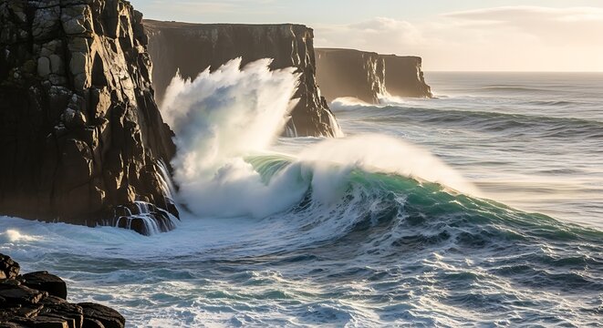 Powerful Ocean Waves Crashing Against Rugged Cliffs at Sunset.
