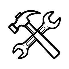 Crossed hammer and wrench icon on white background tools