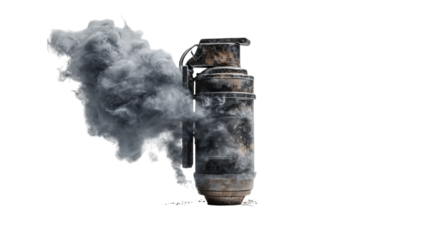 PNG of An aged fire extinguisher emitting thick smoke, symbolizing danger and urgency in a dramatic setting.