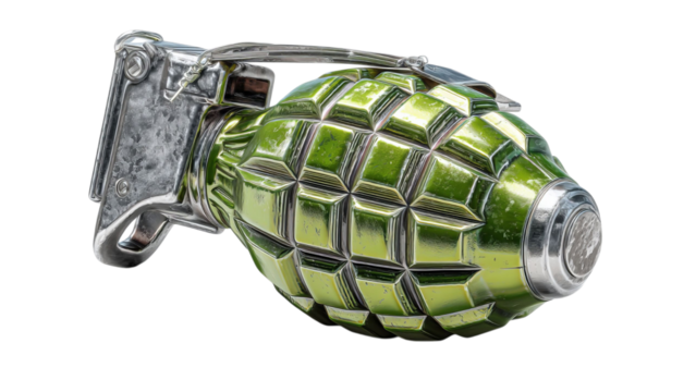 PNG of A detailed view of a classic green hand grenade on a transparent background, showcasing its textured surface and pull pin.