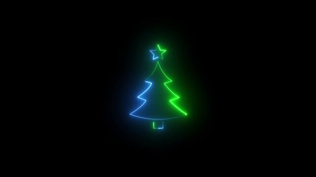 Neon Christmas tree animation, color shift with blink. Glowing neon Christmas tree icon with star, looped color blink animation. New Year tree, Christmas xmas spruce.