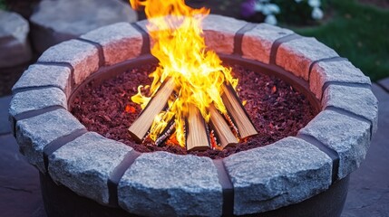 Outdoor fire pit with burning wood.