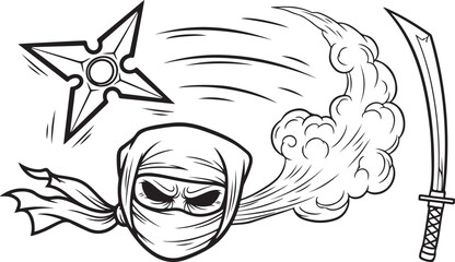 Dynamic Ninja Illustration with Flying Shuriken, Smoke Effect, and Katana Line Art