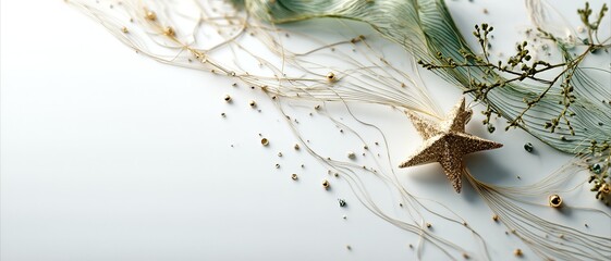 Elegant Gold Star and Delicate Green Leaves with Sparkling Elements for Festive Decor