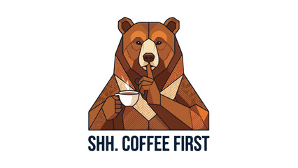 Bear Holding Coffee Cup Shushing Gesture Logo.