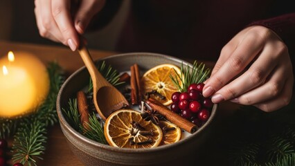 A person's hands arranging a festive bowl of dried orange slices, cinnamon sticks, and cranberries on a table with a lit candle and evergreen branches in a warm and cozy setting.