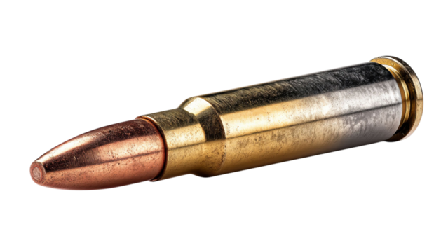 PNG of A close-up view of a metallic bullet showcasing its detailed features and textures.