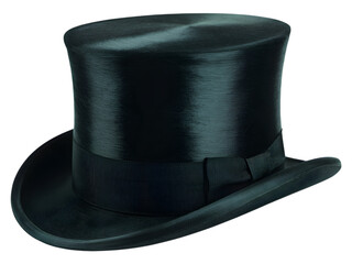 Elegant black silk top hat isolated on transparent background