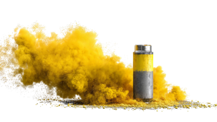 PNG of A battery surrounded by vibrant yellow powder, creating an energetic and dynamic visual effect.