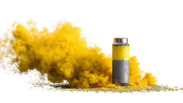 PNG of A battery surrounded by vibrant yellow powder, creating an energetic and dynamic visual effect.
