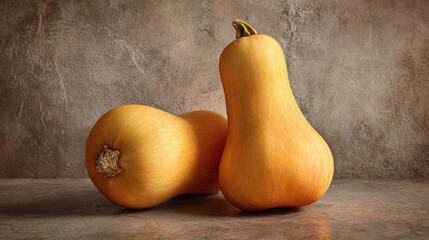 A close-up shot of two butternut squashes on a textured surface, showcasing their unique shapes and colors. The squashes are arranged to highlight their textures and forms.