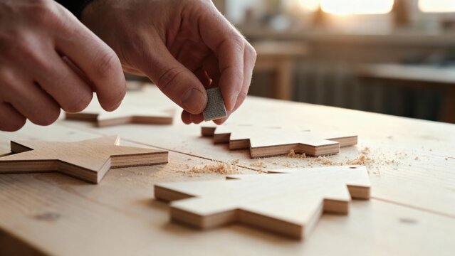 Hands of a skilled craftsman working on wooden shapes, carefully sanding edges of star and tree cutouts on a workbench, showcasing DIY woodworking techniques and creativity