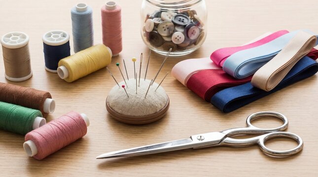 Colorful sewing threads, scissors, and pins arranged on a wooden table, with a jar of buttons, showcasing a vibrant DIY crafting workspace for creative projects