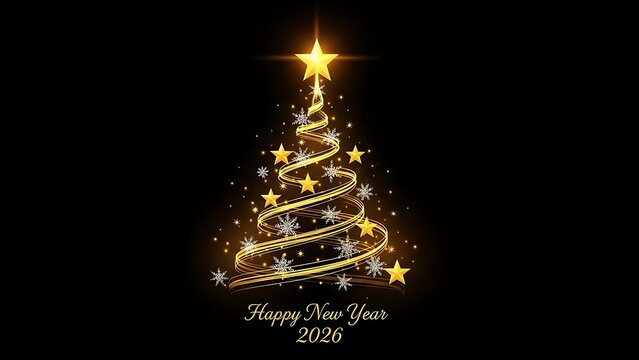 Sparkling golden abstract christmas tree with glowing lights and stars on a dark background celebrating the new year