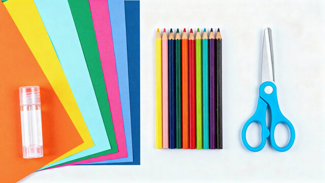 Colorful assortment of craft supplies including paper sheets, colored pencils, glue stick, and scissors arranged neatly on a white background, ideal for creative projects and artistic expression