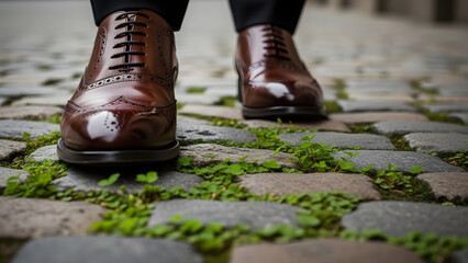 Walking Action of Polished Leather Shoes on Cobblestone Street, Outdoor Business Concept, Close-up View