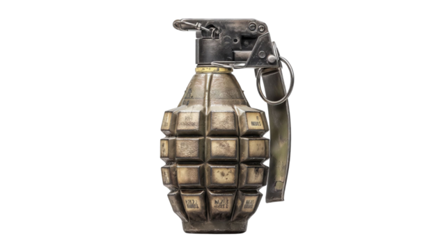 PNG of A detailed view of a classic hand grenade, showcasing its metallic texture and inner components.