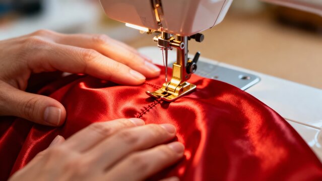 Woman sewing red satin fabric with sewing machine in workshop  