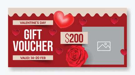 Minimal Valentine’s Day gift voucher discount coupon gift card reward giveaway template design with soft 3D heart accents and smooth vector illustration background sale web banner