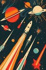 Retro stylized cosmic scene depicts spacecraft traversing a vibrant, colorful stellar environment