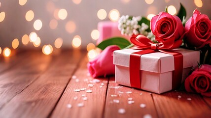 Gift box with a bow, living room, bouquet of flowers, lights, and Christmas tree at background. Concept for Christmas, Valentine's Day, Mother's Day Women's Day flat lay, copy space, place for text