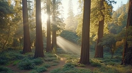 Sunlight streams through redwood trees in a tranquil forest glade.