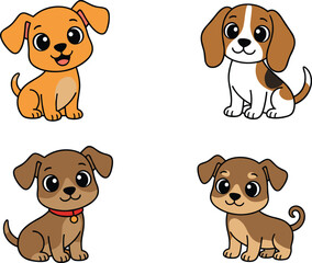 A mega-collection of twelve cheerful, stylized cartoon puppies and adult dogs, featuring various breeds and colors for pet-related children's media.
