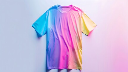 Plain round neck casual top garment displays vibrant gradient coloring under colorful illumination